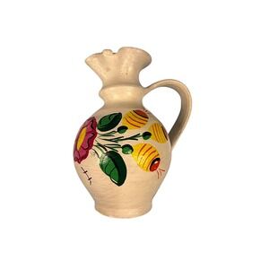 Vintage Hand Painted Floral Terracotta Pottery Pitcher Folk Art Rustic Jug Cream